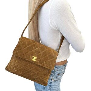 CHANEL Vintage CC Logo Turnlock Quilted Suede Flap Shoulder Bag Brown [106291]
